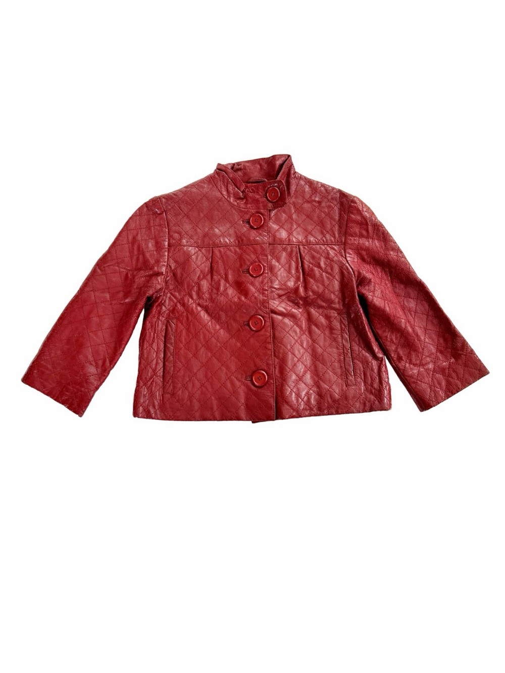 Vintage Red Quilted Leather Jacket Cropped Button-Front Mock Neck